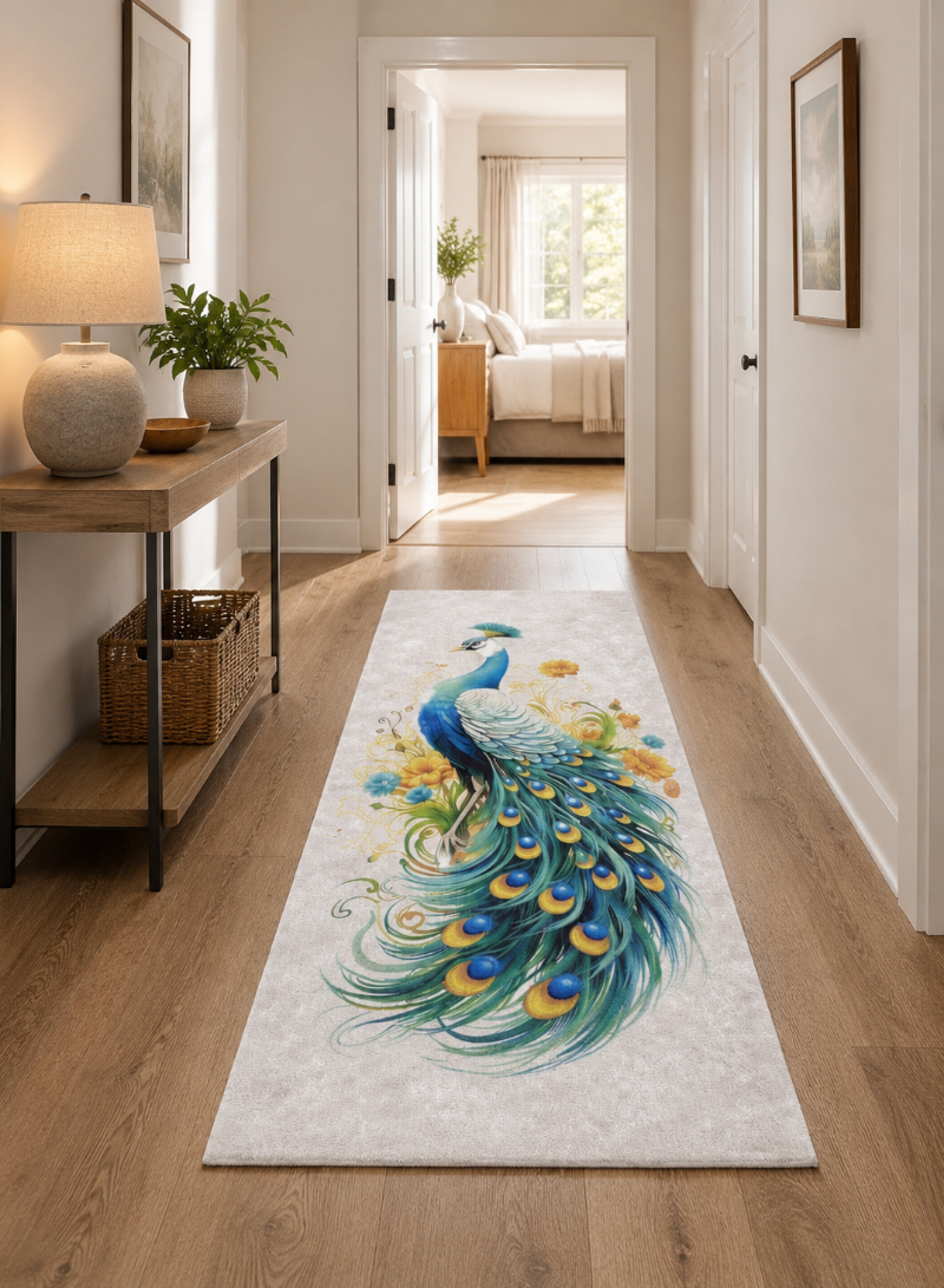 Peacock Runner Rug – Decorative Hallway Carpet with Floral Design 200 x 80