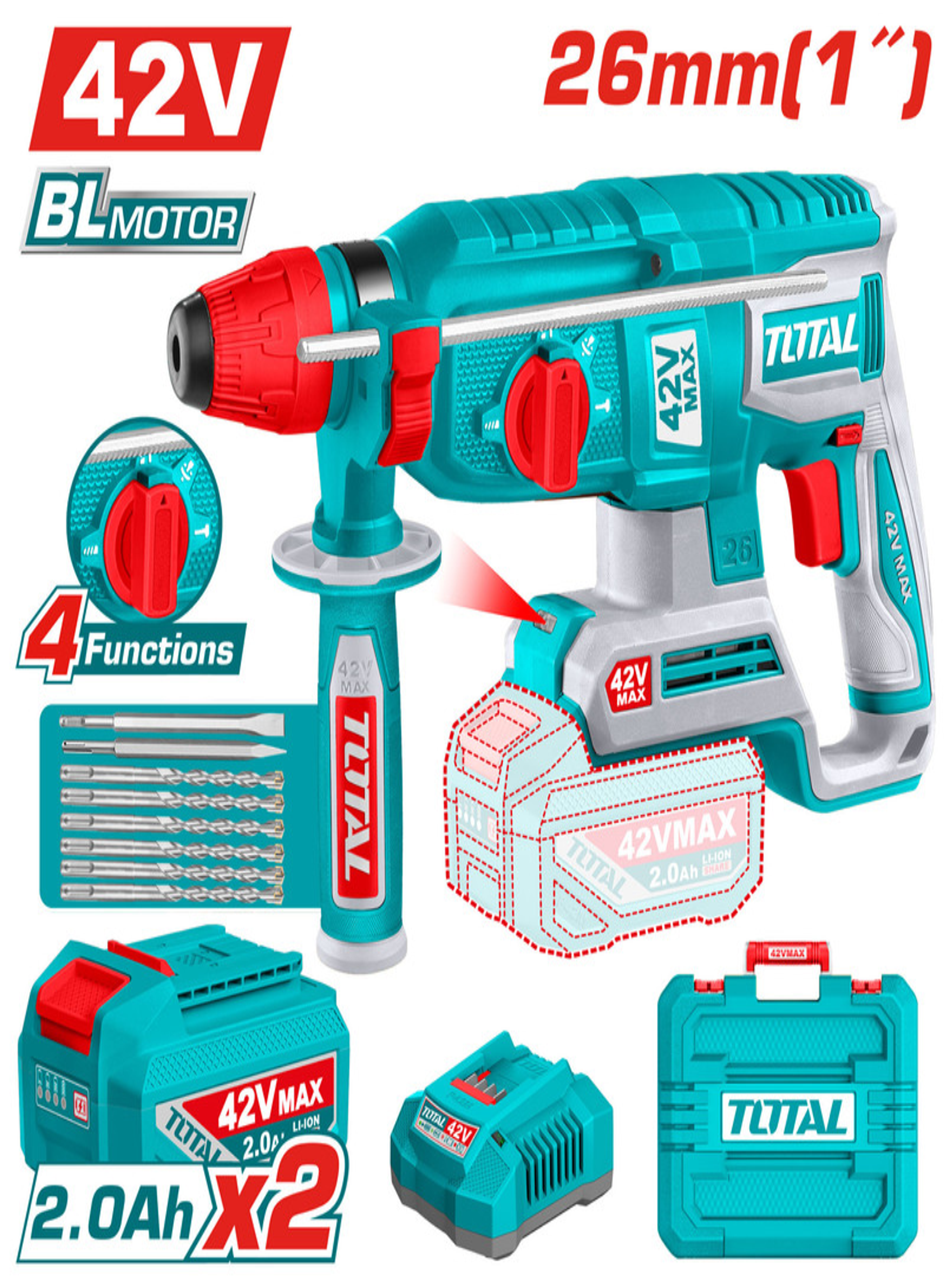 42V Brushless SDS Plus Rotary Hammer Drill – Cordless Drilling & Demolition Hammer with 2 Batteries and Accessories