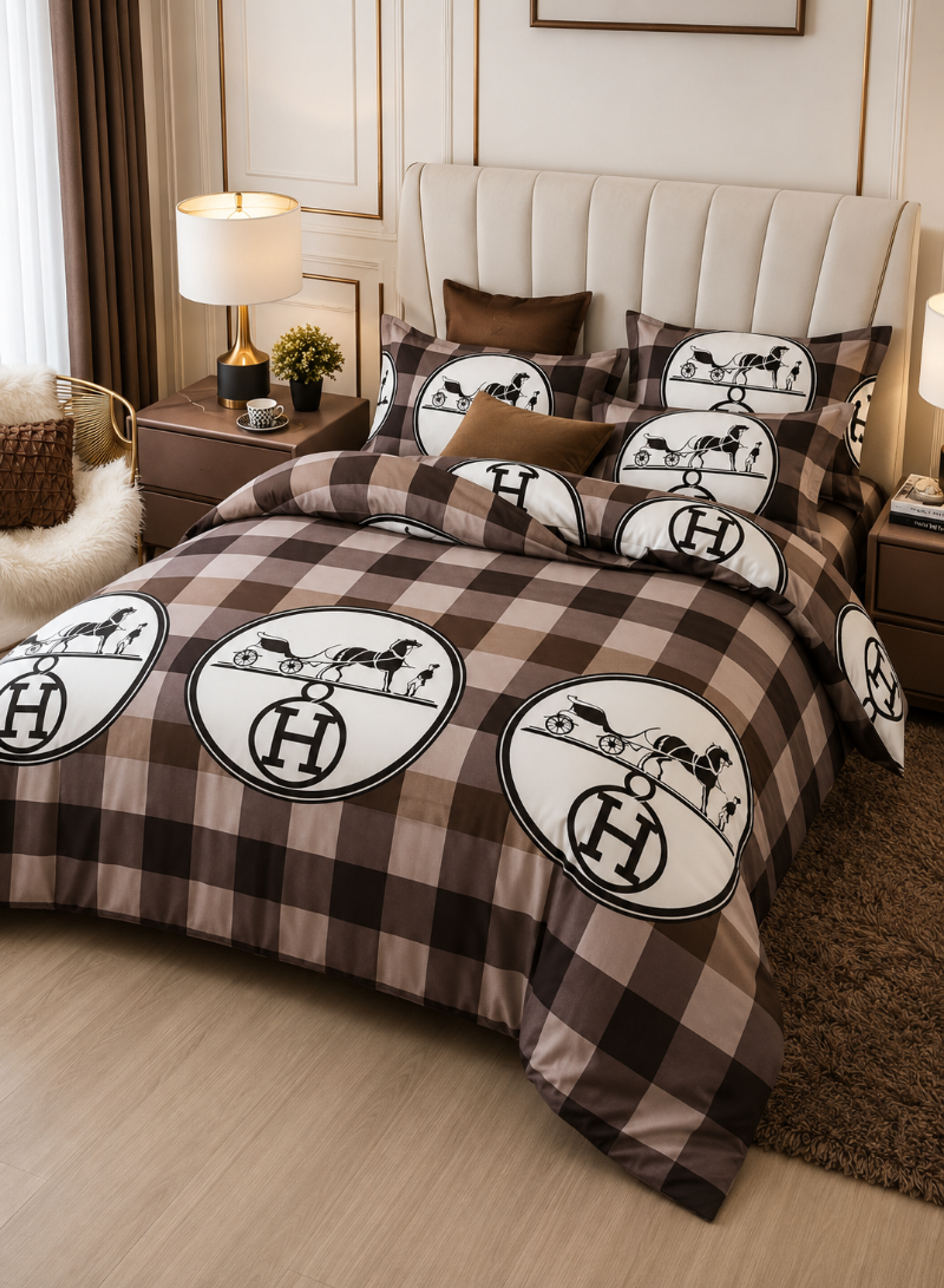 Brown Checkered Bedding Set – Luxury Style Comforter Set with Matching Pillowcases