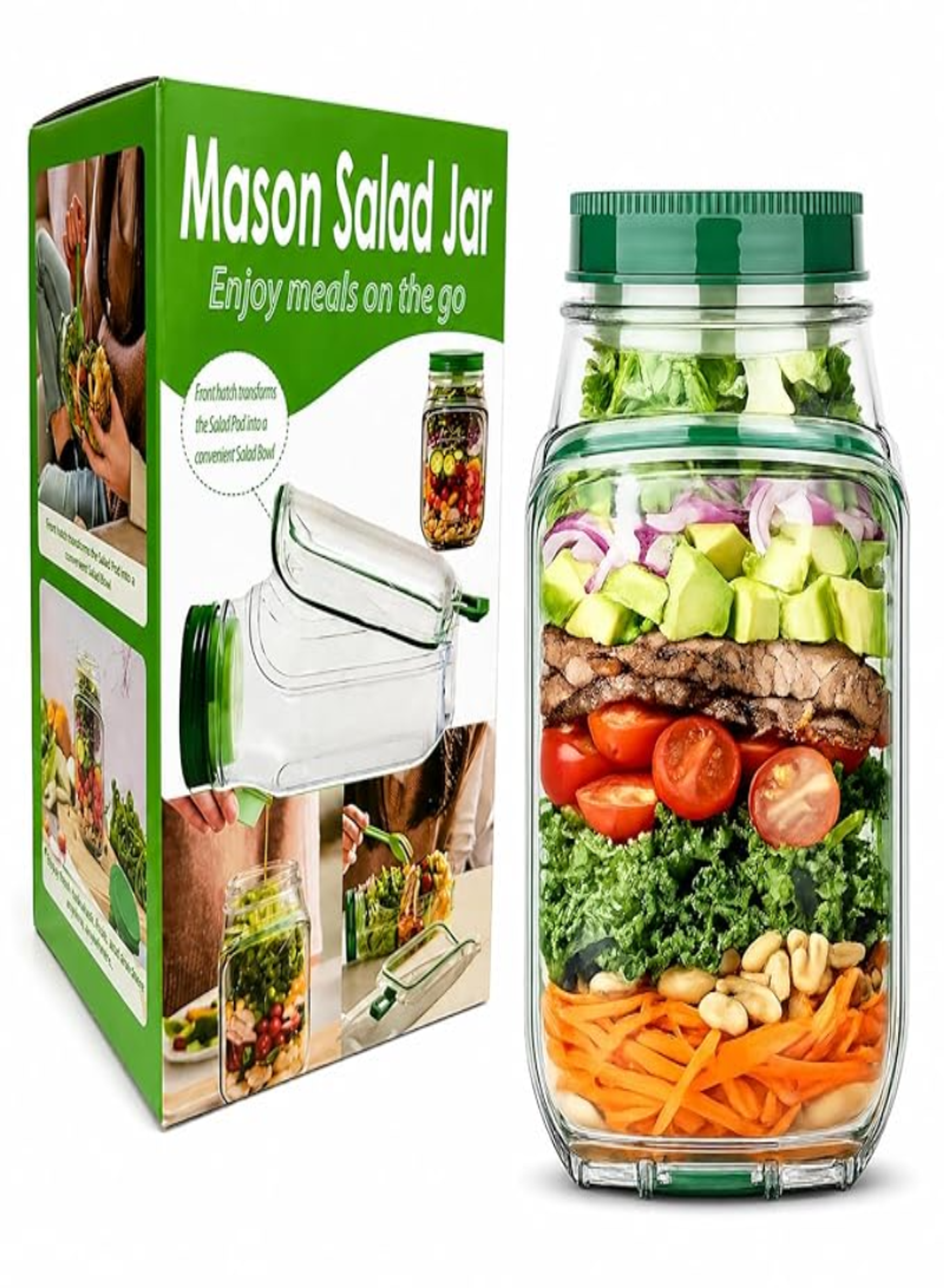 Reusable Portable Salad & Lunch Container with Dressing Cup – Leakproof Mason Jar Food Storage