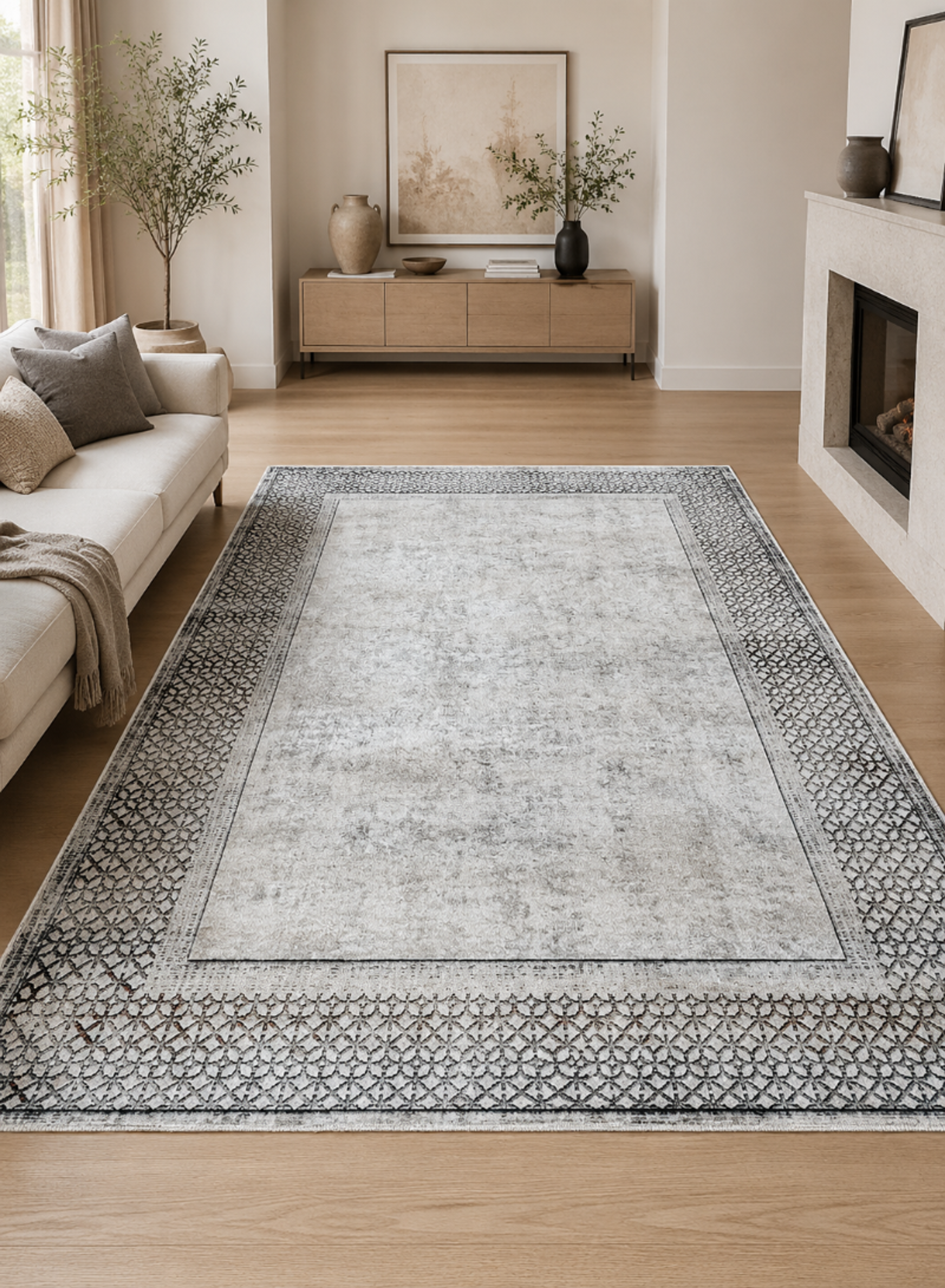 Elegant Light Grey Classic Area Rug – Modern Living Room Carpet with Decorative Border