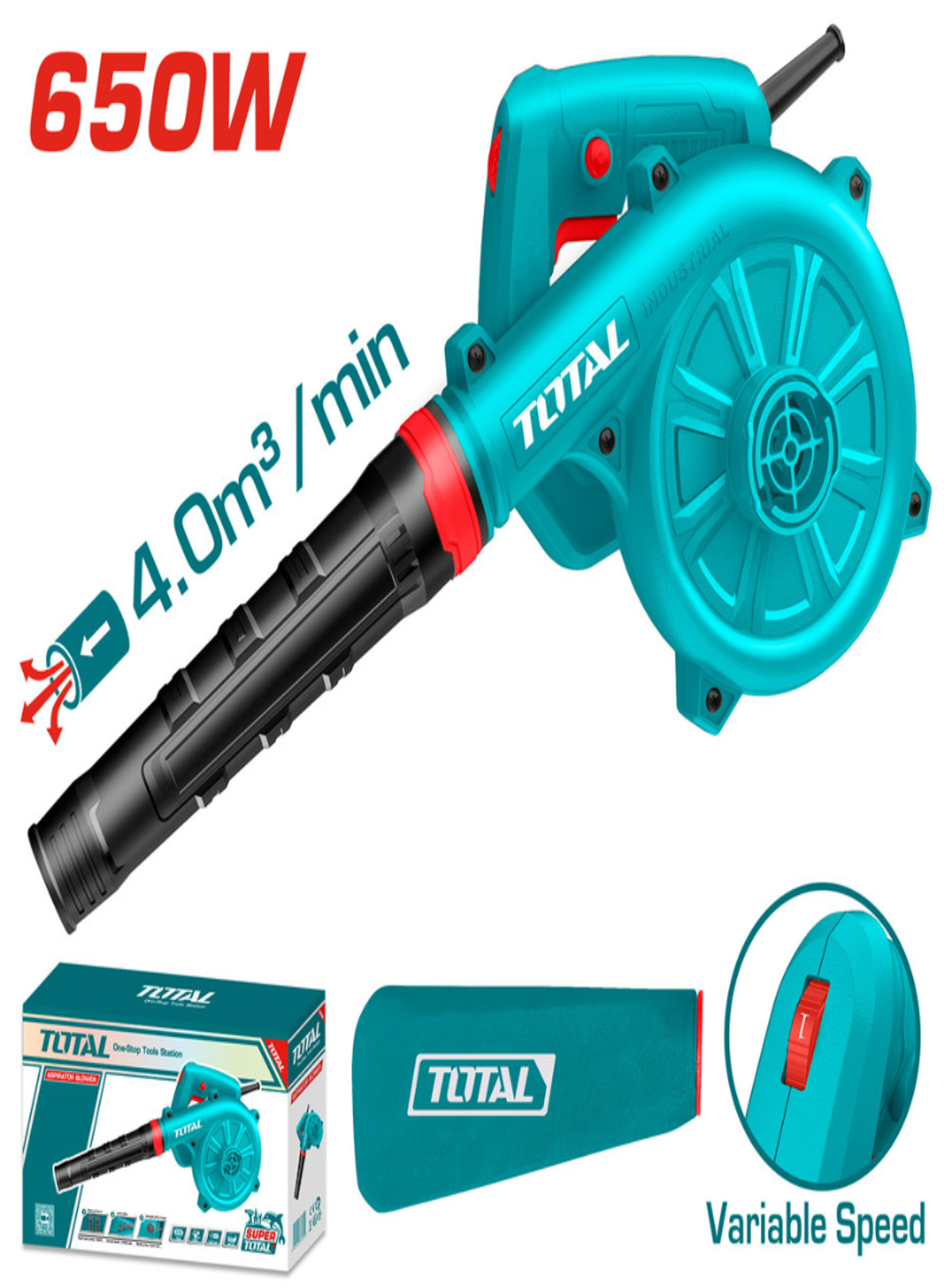 TOTAL 650W Industrial Blower – Variable Speed Electric Air Blower with Dust Bag